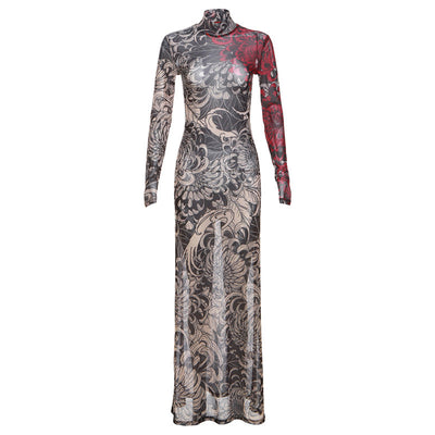 Women Clothing Spring Retro Mesh Personalized Printed Turtleneck Slim Slimming Dress for Women