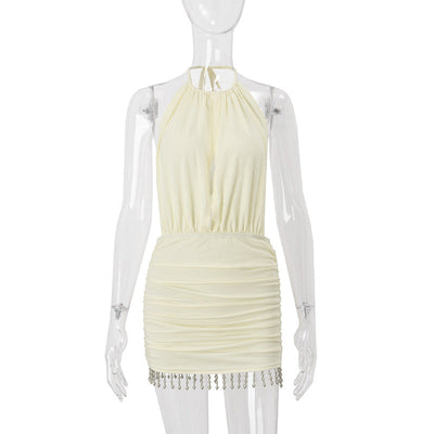 Women Clothing Summer Sexy Backless Elegant Sexy Solid Color Slim Fit Short Hip Hugger Dress Women