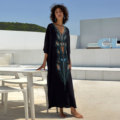 Cotton Printing Vacation Loose Maxi Dress Beach Jacket Maxi Dress Bikini Cover up Blouse