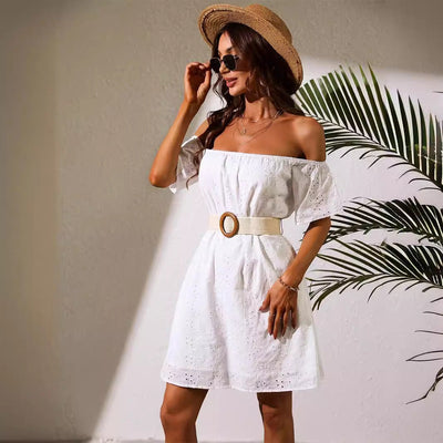 Women Clothing White Off The Shoulder Clothes Eyelet Embroidery No Belt Dress