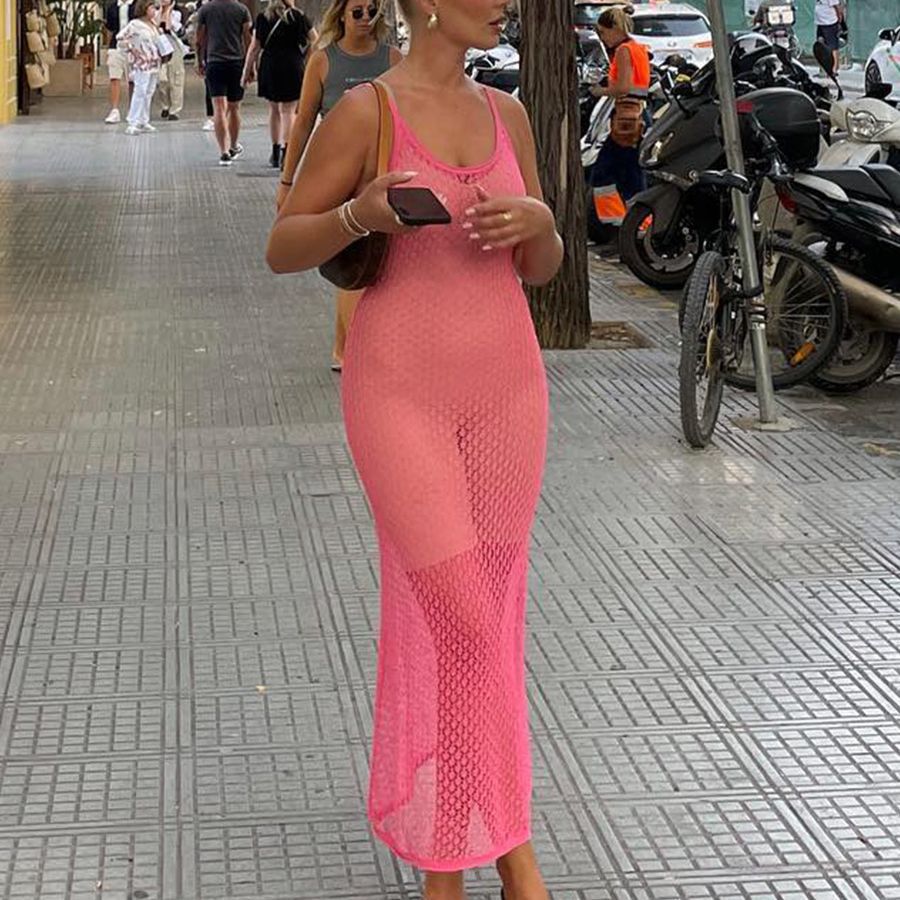 Autumn Winter Beach Dress Women Solid Color Sexy Knitted Hollow Out Cutout Beach Bikini Swimsuit Blouse Sun Protective Clothing