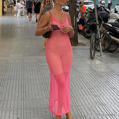 Autumn Winter Beach Dress Women Solid Color Sexy Knitted Hollow Out Cutout Beach Bikini Swimsuit Blouse Sun Protective Clothing