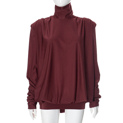 Women Clothing Autumn Winter Turtleneck Padded Shoulder Loose Pleated Sexy Backless Dress