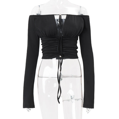 Women Clothing Fall Sexy off Shoulder Solid Color Cropped Hollow Out Cutout out Tied Long Sleeve T shirt Top