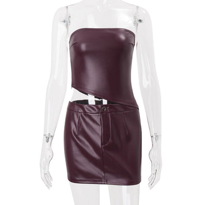 Women Clothing Fall Sexy Faux Leather Tube Top Irregular Asymmetric Top Hip Skirt Set