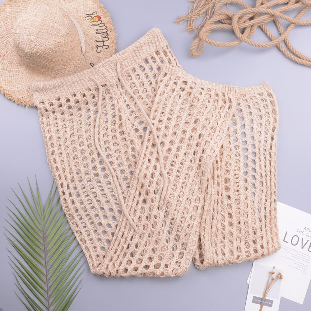 Women Solid Color Hand Crocheting Sexy Cutout Loose Wide Leg Pants Casual Women Woven Trousers