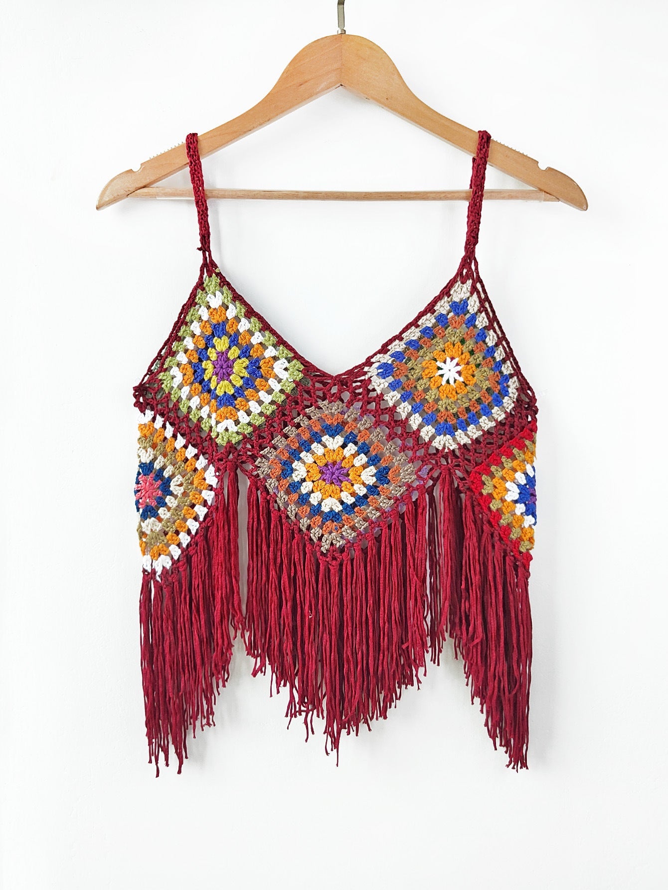 Women Clothing Women Top Pure Hand Crocheting Random Mixed Color Stitching Camisole Tassel Shirt Crochet