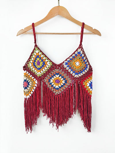 Women Clothing Women Top Pure Hand Crocheting Random Mixed Color Stitching Camisole Tassel Shirt Crochet