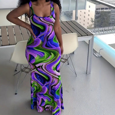 Women Trendy Temuw Women Clothing Printed Wave Pattern Maxi Dress