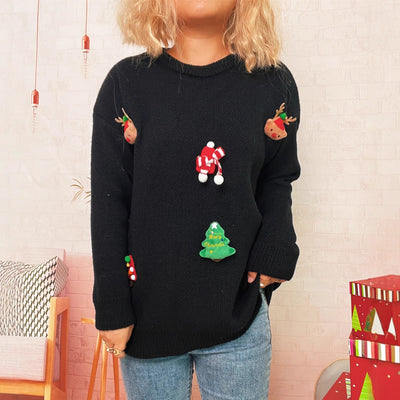 Autumn Winter Christmas Patchwork Three Dimensional Pattern Knitted Top Crew Neck Casual Year Women Sweater