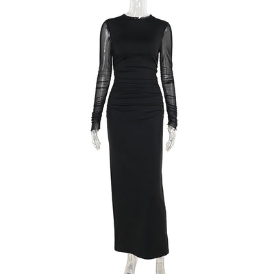 Autumn Long dress Socialite Elegant Slim Fit Mesh Sleeves Solid Color Dress Women