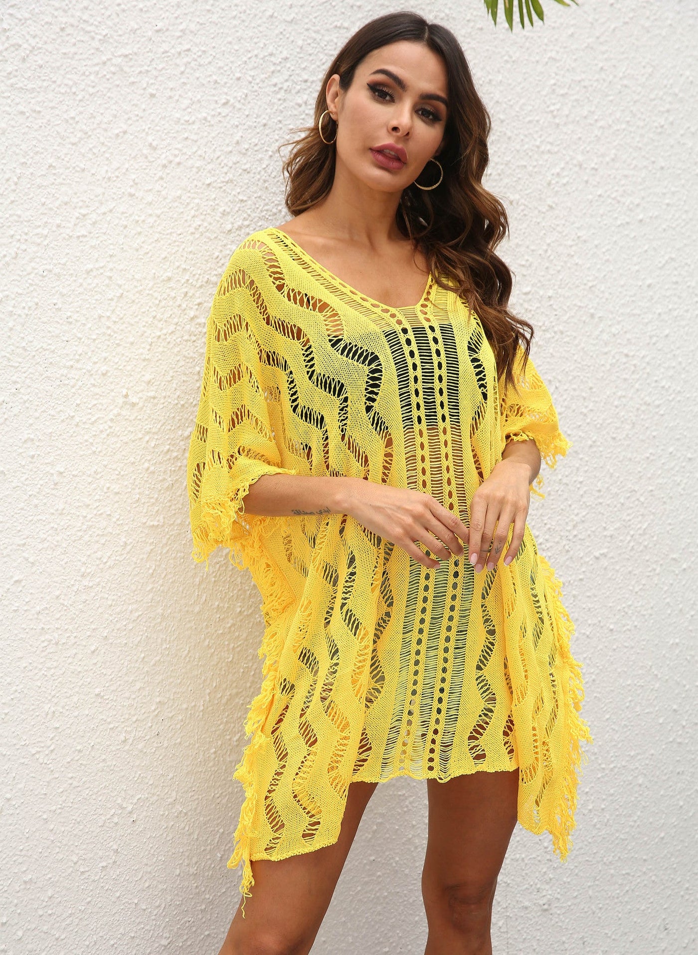 Women Clothing Sexy Hollow Out Cutout See-through Woven Blouse Wave Pattern Loose Beach Dress for Women