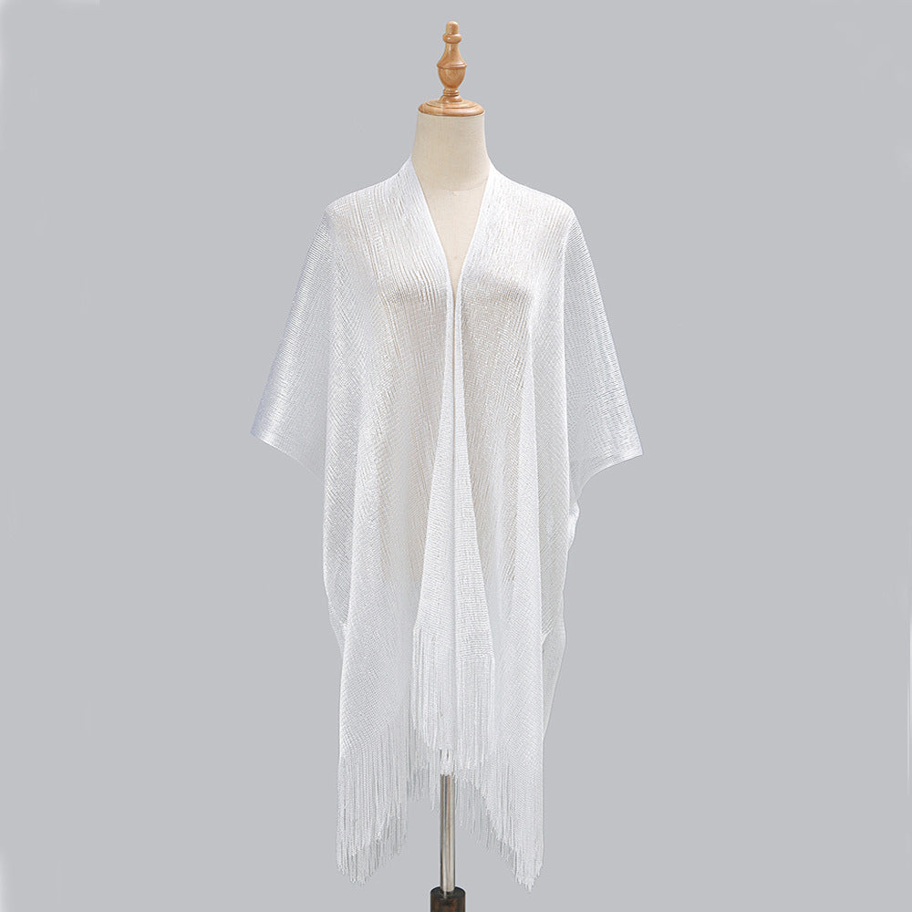 Beach Solid Color Sun Proof Tassel Knitting Beach Cover Up Sweater Shawl Cardigan