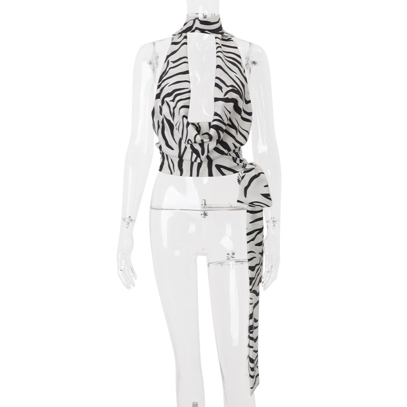 Women Clothing Summer Sexy Zebra Pattern Swing Collar Hollow Out Cutout out Short Vest Top