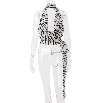 Women Clothing Summer Sexy Zebra Pattern Swing Collar Hollow Out Cutout out Short Vest Top