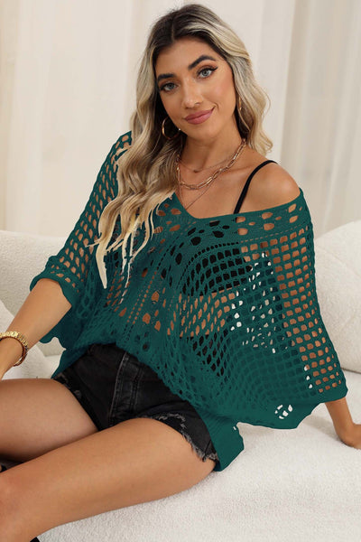 Women Bikini Cover Up Blouse Women Clothing Hollow Out Cutout Woven Shirt Batwing Sleeve Loose Casual Top