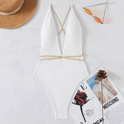 Beach Swimwear Solid Color V neck Backless Quick Drying One Piece Swimsuit Bikini Swimwear Women