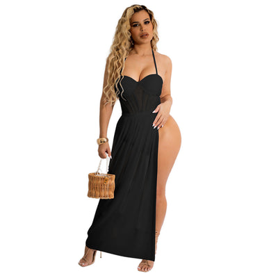 Women Clothing Summer Vacation Spaghetti Straps Cluster Swimsuit Chiffon Women Two Piece Overskirt Suit