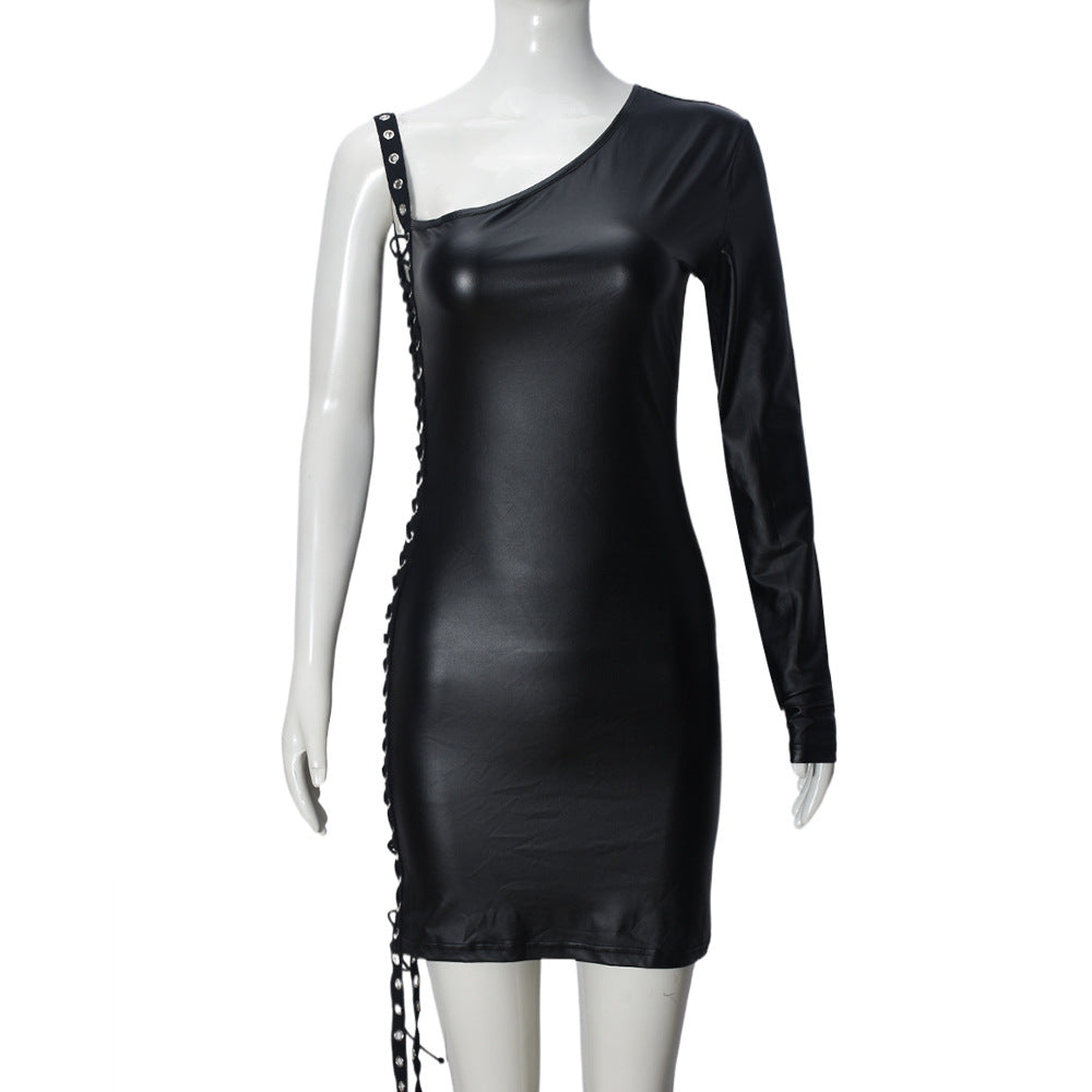 Women Clothing Dress Diagonal Collar Ribbon Hollow Out Cutout out Strap Single Side Long Sleeve Pullover Hip for Women