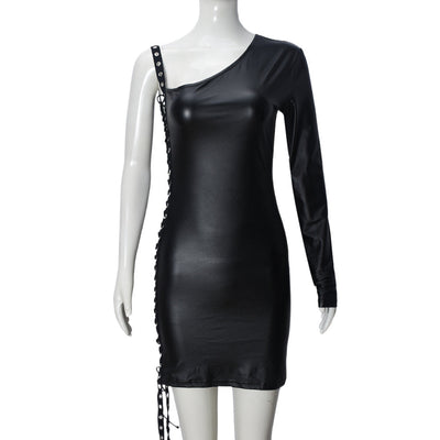 Women Clothing Dress Diagonal Collar Ribbon Hollow Out Cutout out Strap Single Side Long Sleeve Pullover Hip for Women