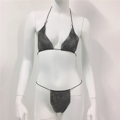Women Clothing Rhinestone Bikini Set Carnival Sexy Lace Up Outdoor Beach Split Swimsuit