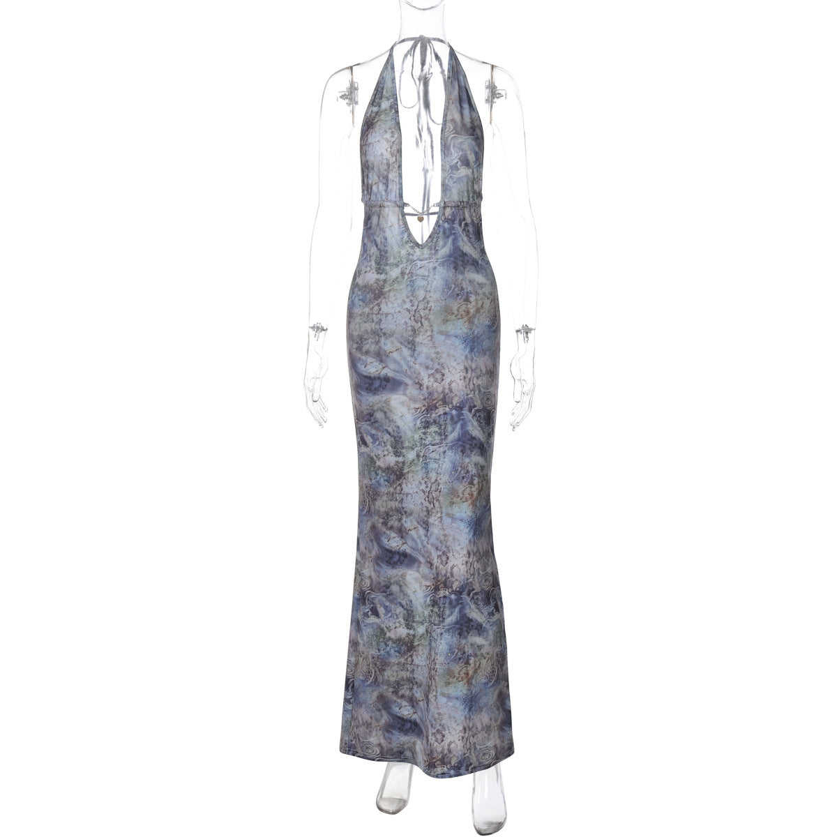 Women Clothing Autumn Printed Sexy Backless Slim Fit Split Lace up Dress