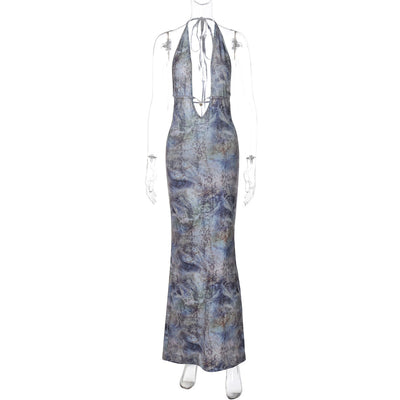 Women Clothing Autumn Printed Sexy Backless Slim Fit Split Lace up Dress