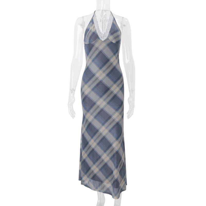Women Clothing Summer Sexy V neck Lace Plaid Sweet Retro Slim Fit Dress Women