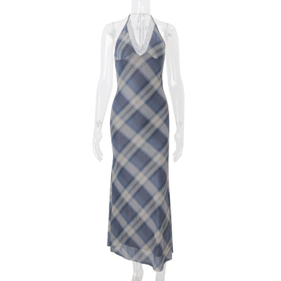 Women Clothing Summer Sexy V neck Lace Plaid Sweet Retro Slim Fit Dress Women