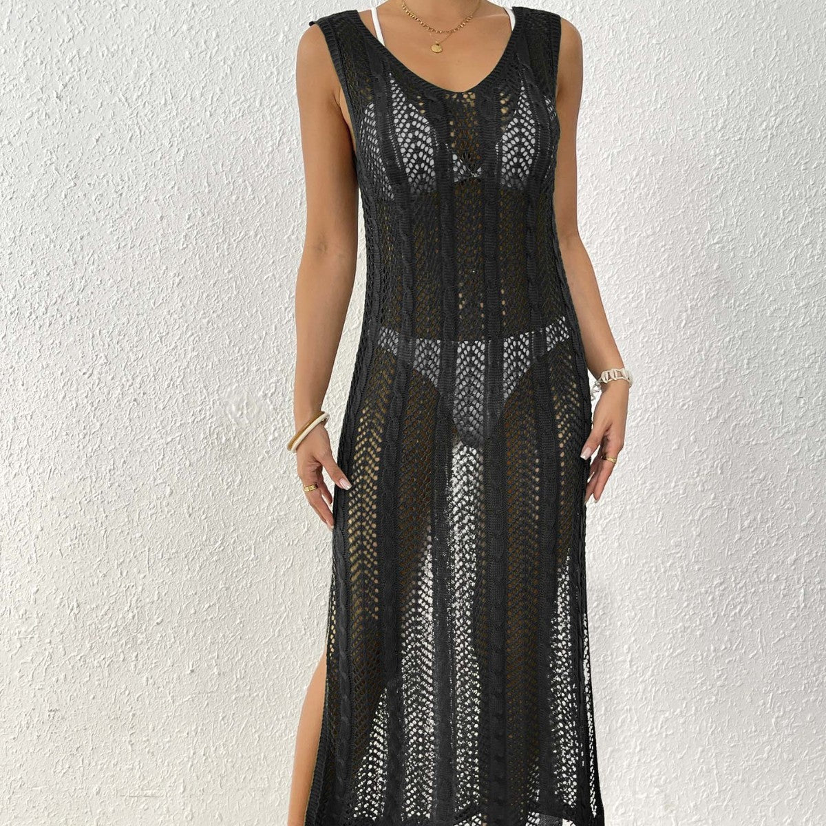 Women Holiday Beach Skirt Women Clothing Hollow Out Cutout Woven Shirt Vest Skirt Long Skirt Sexy Slit Dress