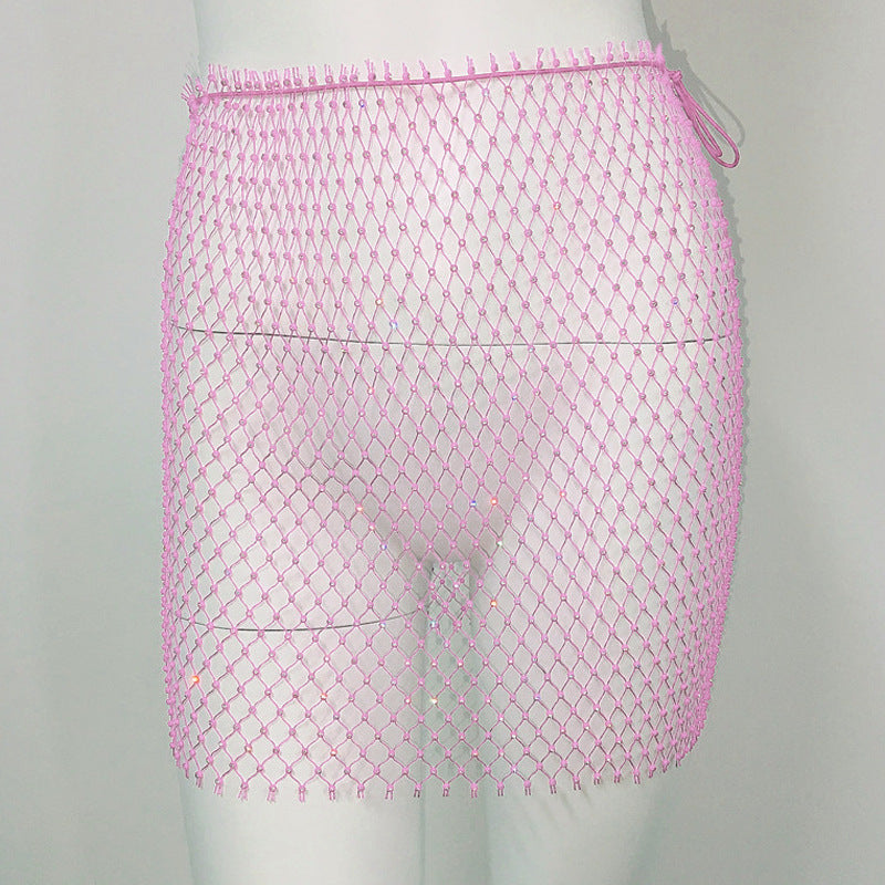 Women Clothing Sexy Fishnet Rhinestone Skirt Sweet Spicy Mini Skirt Rhinestone Miniskirt Women