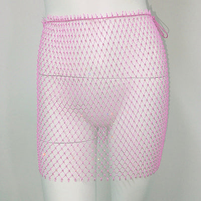 Women Clothing Sexy Fishnet Rhinestone Skirt Sweet Spicy Mini Skirt Rhinestone Miniskirt Women