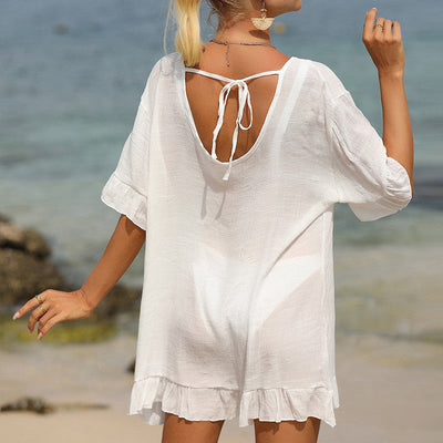 Bamboo Flounced Beach Cover Up Sexy Backless Seaside Sun Protection Shirt Bikini Cover