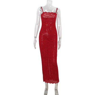 Women Clothing French High Grade Red Lace Tube Tops Strap Dress Slim Fit Sheath Dress
