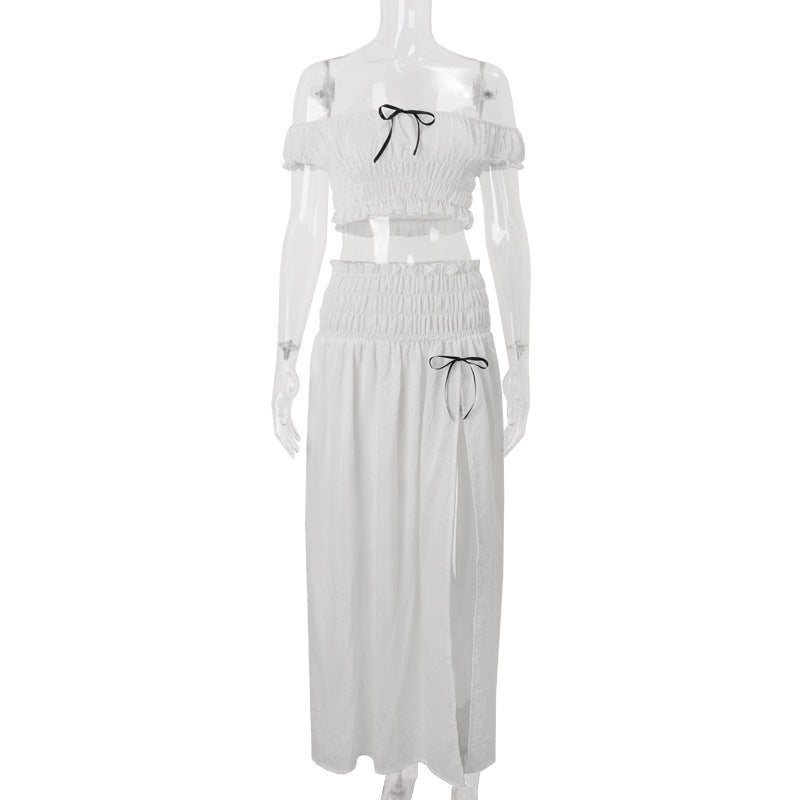 Women Clothing Summer Sexy Vacation off Neck Pleated Top Split Skirt Set
