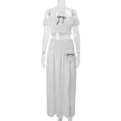 Women Clothing Summer Sexy Vacation off Neck Pleated Top Split Skirt Set