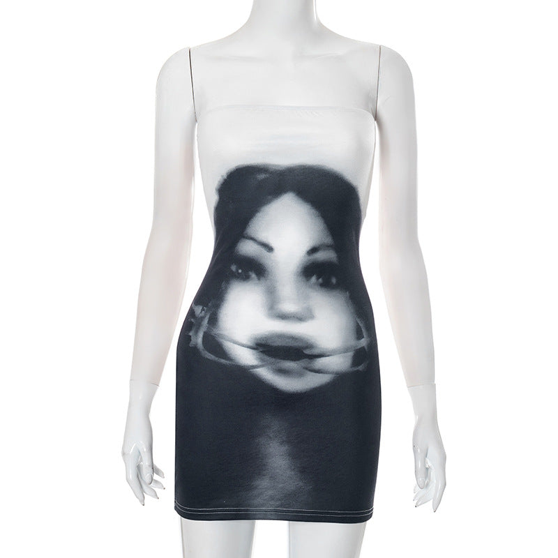 Women Clothing Summer Dark Face Printing Sleeveless Tube Top Slim Fit Sheath Dress