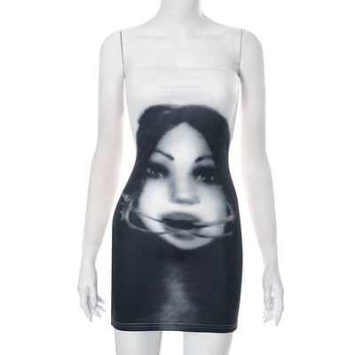 Women Clothing Summer Dark Face Printing Sleeveless Tube Top Slim Fit Sheath Dress