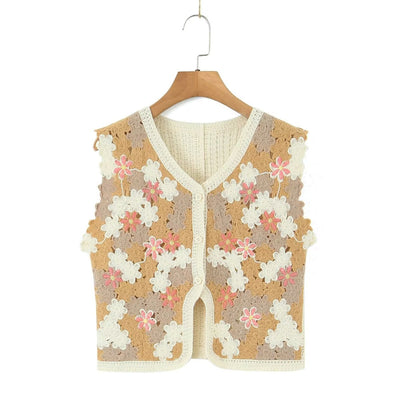 Women Retro Thailand Holiday Floral Vest Cardigan Top Casual All Matching Graceful