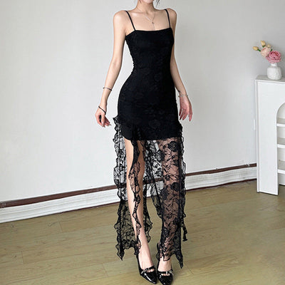 Women Clothing Summer Sexy Lace See through Tube Top off Neck Ribbon Irregular Asymmetric Dress
