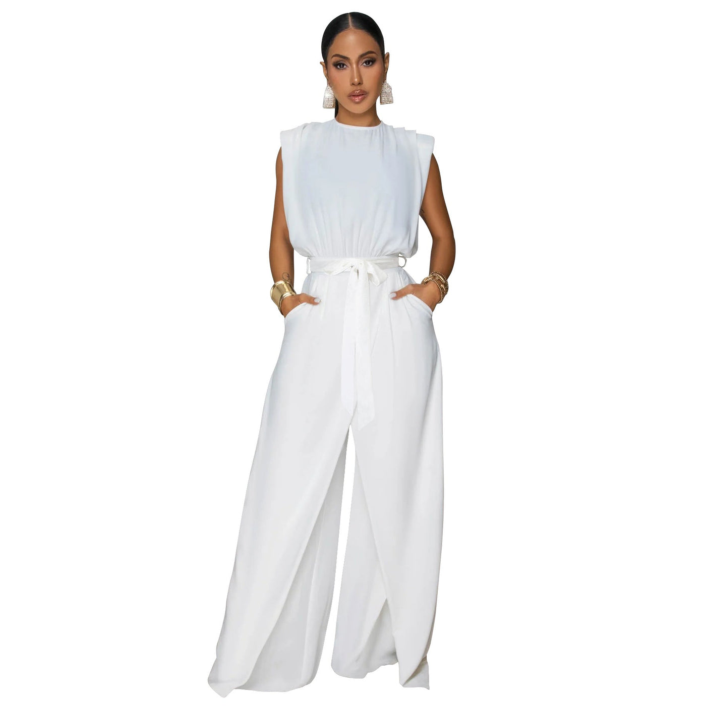 Women Wear Russia Solid Color Sleeveless Fitted Waist Jumpsuit