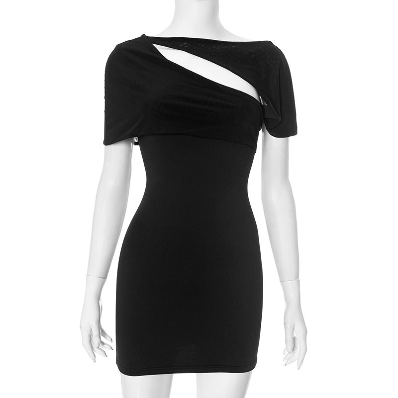Women Clothing Spring Summer off Neck Pullover Irregular Asymmetric Hollow Out Cutout out Stitching Hip Dress