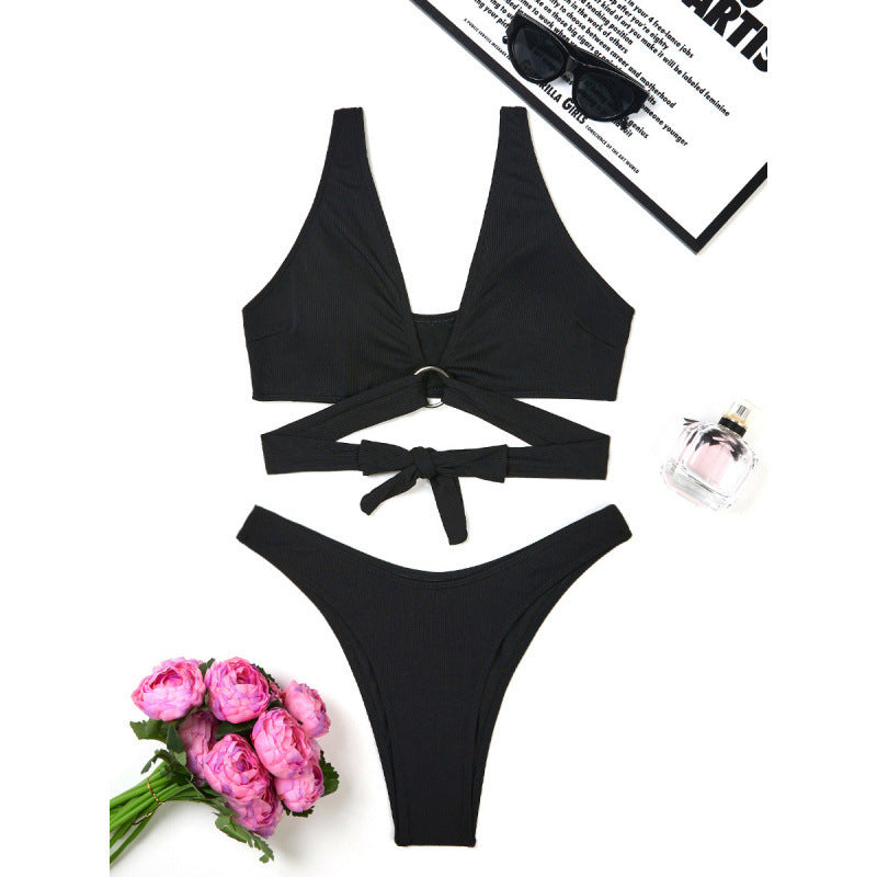 Women Split Three Point Solid Color Ring Small Sunken Stripe Bikini Sexy Swimsuit