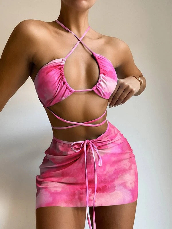 Women Seperated Swimwear Lishi Printed Three Piece Set Bikini