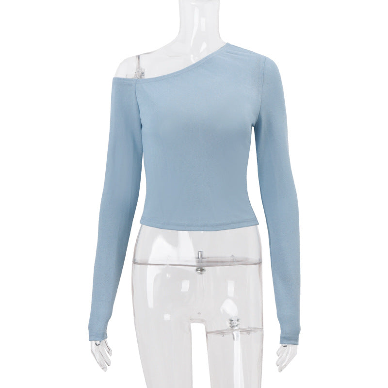 Women Clothing Autumn Sexy Solid Color Diagonal Collar Cropped Knitted Long Sleeved T shirt Top