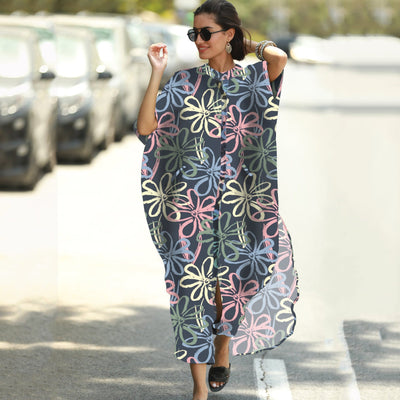 Beach Cover-up Elastic Printing Oversized Button Vacation Robe