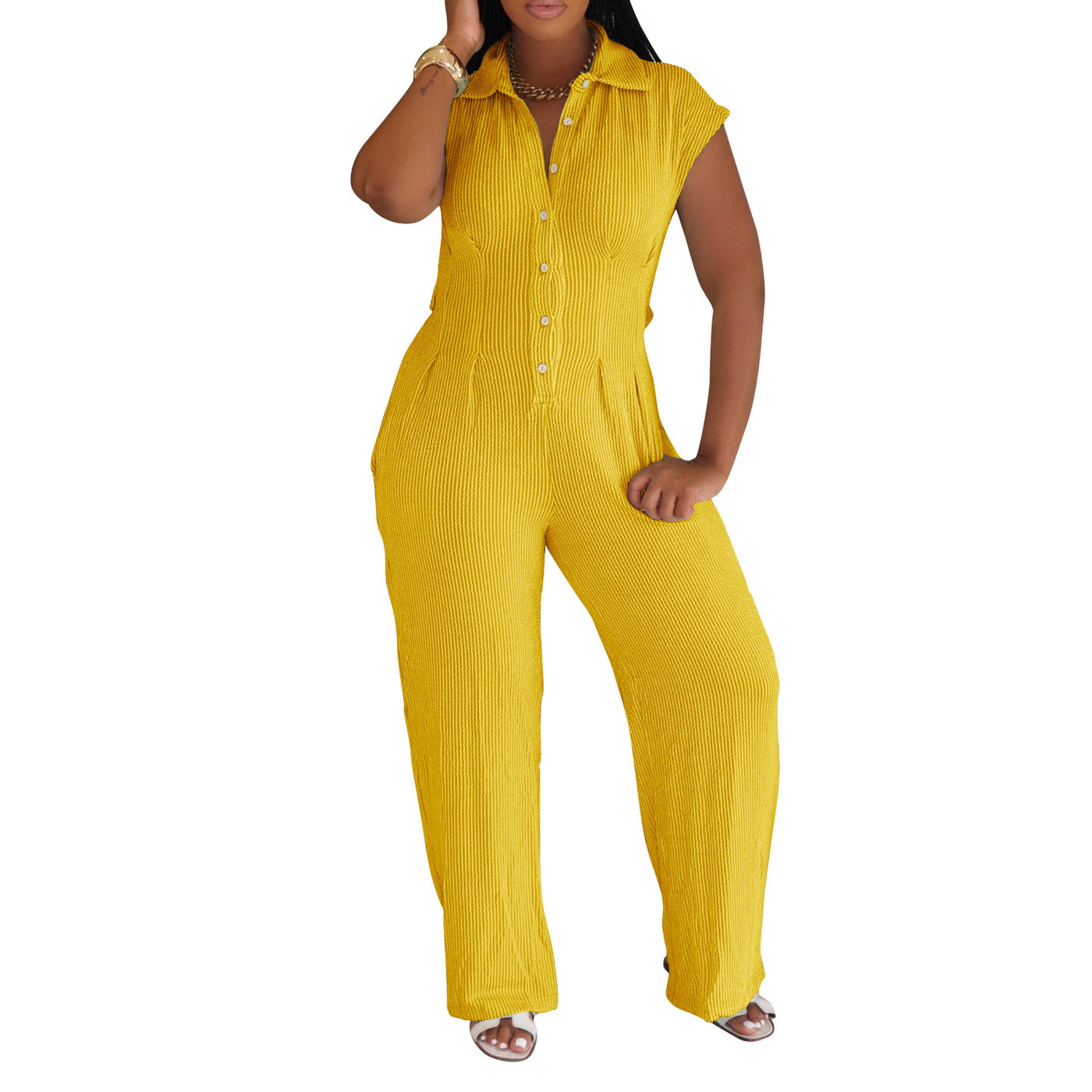 Women Clothing Jumpsuit Striped Collared Slim Shirt Collar Straight Leg Pants Sleeveless Summer