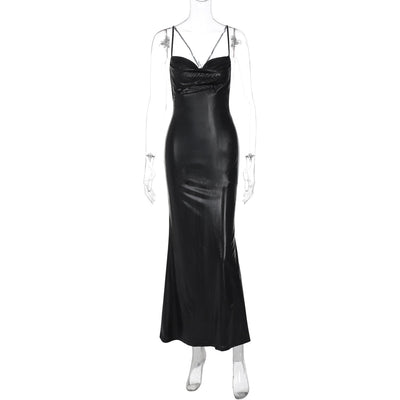 Women Clothing Winter Sexy Backless Pleated Suspender Bright Color Dress Women