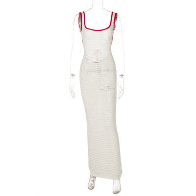 Women Clothing Autumn Sexy Cutout Knitted Contrast Color Bare Back Dress