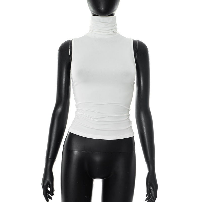Women Clothing Summer Elegant Sleeveless Solid Color Turtleneck Backless Top